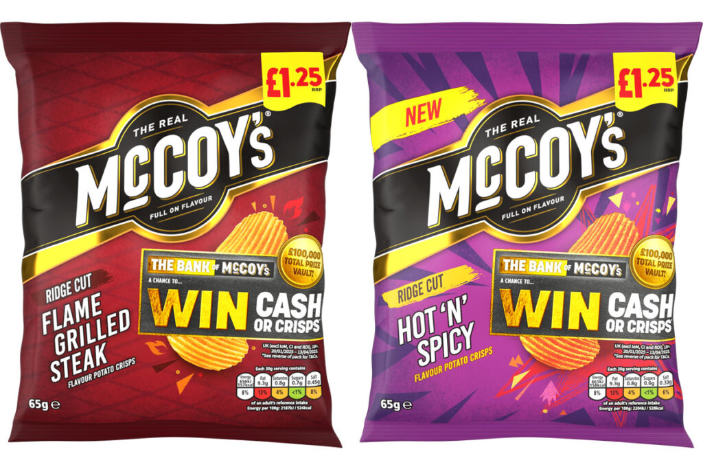 Pack shots of McCoy's Flame Grilled Steak and Hot 'N' Spicy variants with a promotional callout across the packs.