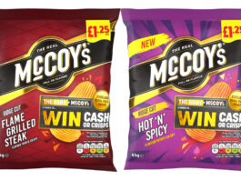 Pack shots of McCoy's Flame Grilled Steak and Hot 'N' Spicy variants with a promotional callout across the packs.