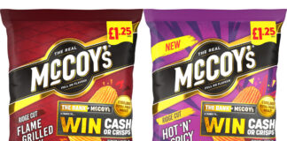 Pack shots of McCoy's Flame Grilled Steak and Hot 'N' Spicy variants with a promotional callout across the packs.