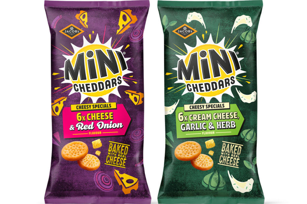 Pack shots of Jacob's Mini Cheddars Cheesy Specials Cheese & Red Onion and Cream Cheese, Garlic and Herb.