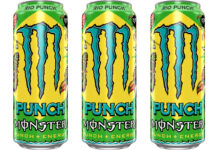 Pack shots of Monster Energy Rio Punch cans.