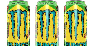 Pack shots of Monster Energy Rio Punch cans.