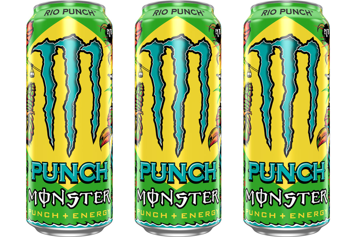 Pack shots of Monster Energy Rio Punch cans.