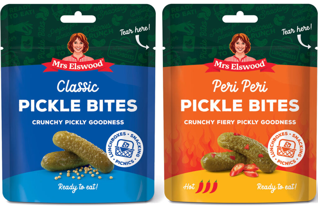 Pack shots of Mrs Elswood Classic Pickle Bites and Piri Piri Pickle Bites.