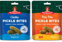 Pack shots of Mrs Elswood Classic Pickle Bites and Piri Piri Pickle Bites.