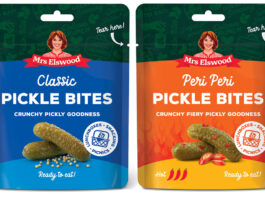 Mrs Elswood moves into the snacking category Pack shots of Mrs Elswood Classic Pickle Bites and Piri Piri Pickle Bites.