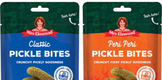 Pack shots of Mrs Elswood Classic Pickle Bites and Piri Piri Pickle Bites.