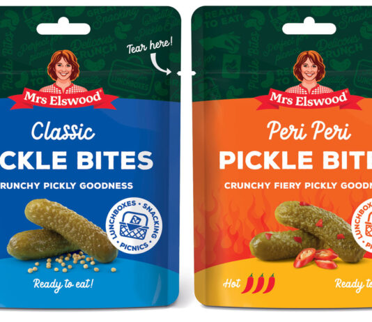 Mrs Elswood moves into the snacking category Pack shots of Mrs Elswood Classic Pickle Bites and Piri Piri Pickle Bites.