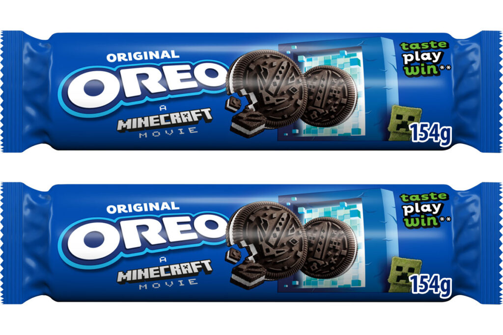 Packs of Oreo cookies with an on-pack promotion for A Minecraft Movie.