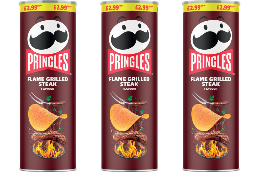 Pack shots of Pringles Flame Grilled Steak.