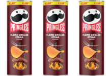 Pack shots of Pringles Flame Grilled Steak.