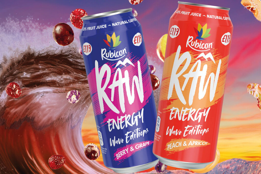 Pack shots of Rubicon Raw Wave Edition Berry & Grape and Peach & Apricot have been placed in front of a wave with sunset in the background as well as pieces of fruit.