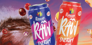 Pack shots of Rubicon Raw Wave Edition Berry & Grape and Peach & Apricot have been placed in front of a wave with sunset in the background as well as pieces of fruit.