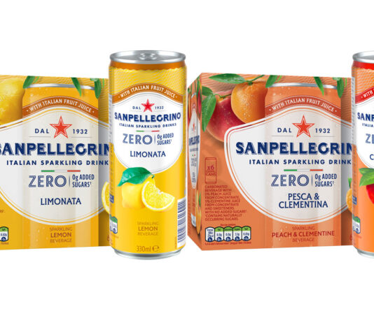 Sanpellegrino rolls out new Zero Added Sugar variants Pack shots of San Pellegrino Zero Added Sugar with Limonata multipacks and a single can and Pesca & Clementa multipack and a single can.