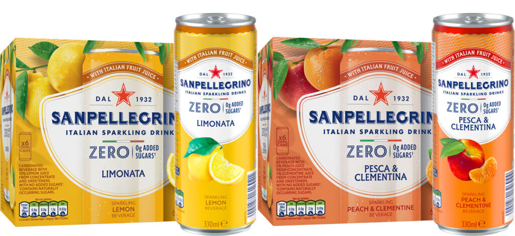 Pack shots of San Pellegrino Zero Added Sugar with Limonata multipacks and a single can and Pesca & Clementa multipack and a single can.