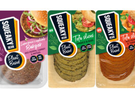 Squeaky Bean slices in two plant-based market first Pack shots of Squeaky Bean Super Grain & Vegetable Burger Red Pepper, Carrot & Paprika, Tofu Slices Spinach & Basil and Tofu Slices Red Pepper & Tomato.