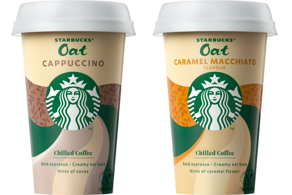 Pack shots of Starbucks Oat Cappuccino Chilled Drink and Starbucks Oat Caramel Macchiato Chilled Drink.