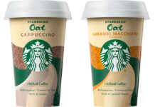 Pack shots of Starbucks Oat Cappuccino Chilled Drink and Starbucks Oat Caramel Macchiato Chilled Drink.