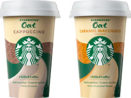 Pack shots of Starbucks Oat Cappuccino Chilled Drink and Starbucks Oat Caramel Macchiato Chilled Drink.