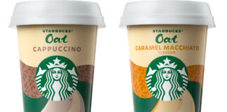 Pack shots of Starbucks Oat Cappuccino Chilled Drink and Starbucks Oat Caramel Macchiato Chilled Drink.