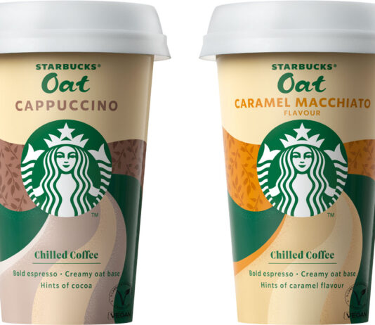 Starbucks brings oat milk to the chillers Pack shots of Starbucks Oat Cappuccino Chilled Drink and Starbucks Oat Caramel Macchiato Chilled Drink.