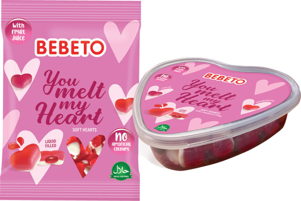 Pack shots of Bebeto You Melt My Heart sweets in a bag as well as a tub.