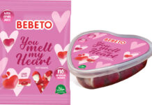 Pack shots of Bebeto You Melt My Heart sweets in a bag as well as a tub.