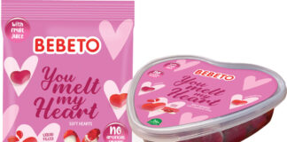 Pack shots of Bebeto You Melt My Heart sweets in a bag as well as a tub.