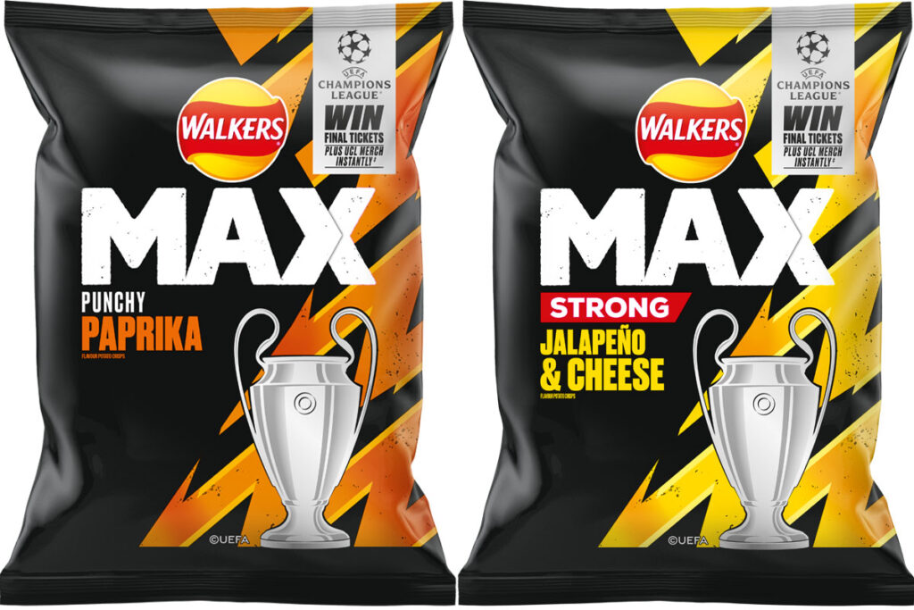 Pack shots of Walkers Max Punchy Paprika and Jalapeno & Cheese variants with UEFA Champions League 2025 promotional activity on packs.