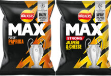 Pack shots of Walkers Max Punchy Paprika and Jalapeno & Cheese variants with UEFA Champions League 2025 promotional activity on packs.