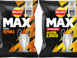 Pack shots of Walkers Max Punchy Paprika and Jalapeno & Cheese variants with UEFA Champions League 2025 promotional activity on packs.