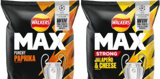 Pack shots of Walkers Max Punchy Paprika and Jalapeno & Cheese variants with UEFA Champions League 2025 promotional activity on packs.