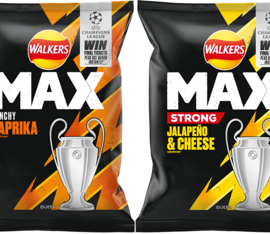 Walkers kicks off a new football promotion with UEFA Pack shots of Walkers Max Punchy Paprika and Jalapeno & Cheese variants with UEFA Champions League 2025 promotional activity on packs.