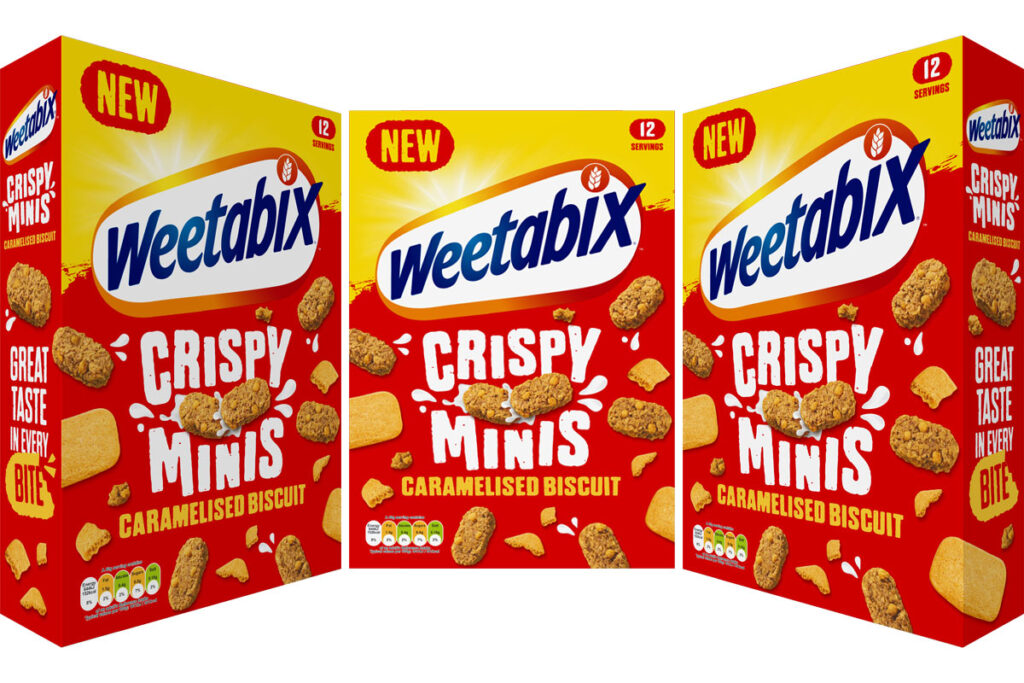 Pack shots of Weetabix Crispy Minis Caramelised Biscuit from different angles.