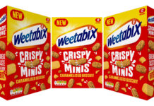 Pack shots of Weetabix Crispy Minis Caramelised Biscuit from different angles.