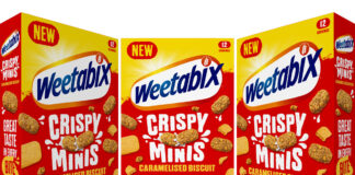 Pack shots of Weetabix Crispy Minis Caramelised Biscuit from different angles.