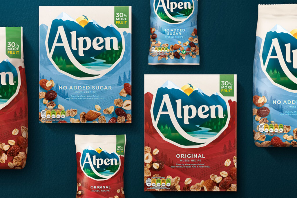 Pack shots of Alpen Original and Alpen No Added Sugar in different pack formats are displayed against a dark blue background.