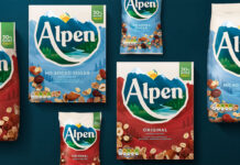 Pack shots of Alpen Original and Alpen No Added Sugar in different pack formats are displayed against a dark green background.