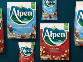 Alpen unveils new look and recipe for muesli range Pack shots of Alpen Original and Alpen No Added Sugar in different pack formats are displayed against a dark green background.