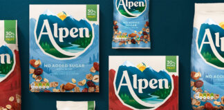 Pack shots of Alpen Original and Alpen No Added Sugar in different pack formats are displayed against a dark green background.