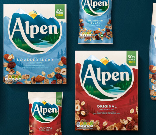 Alpen unveils new look and recipe for muesli range Pack shots of Alpen Original and Alpen No Added Sugar in different pack formats are displayed against a dark green background.