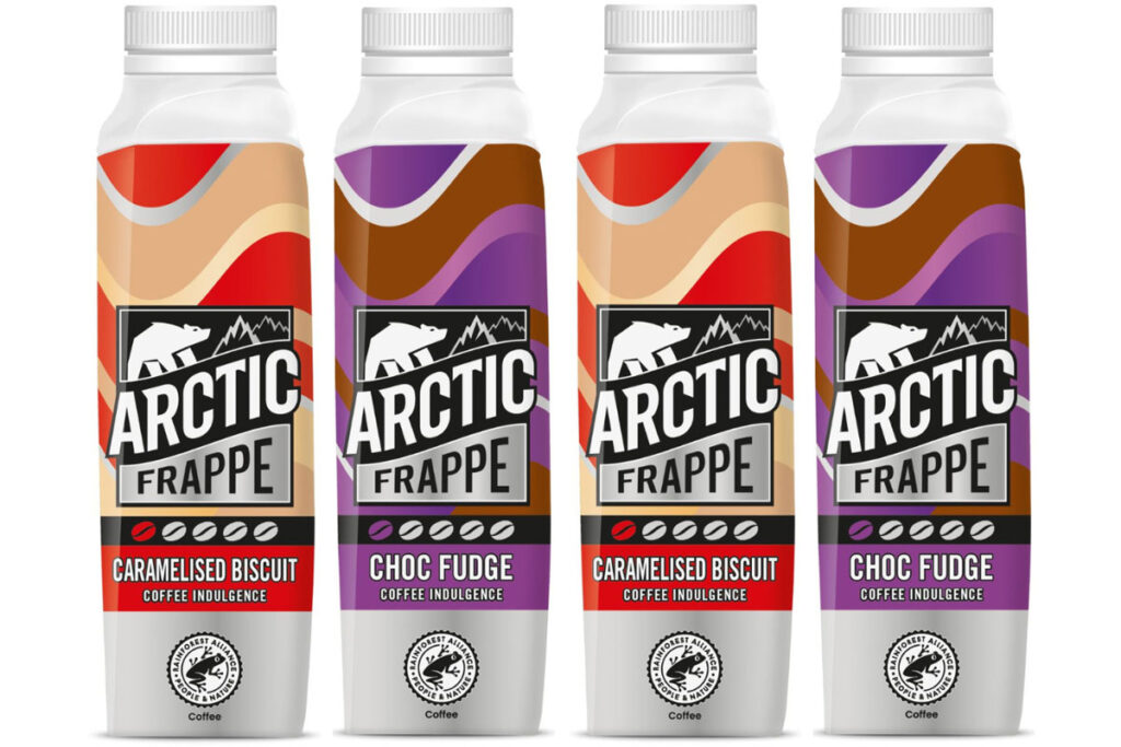 Pack shots of Arctic Frappe drinks including Caramelised Biscuit and Choc Fudge variants.