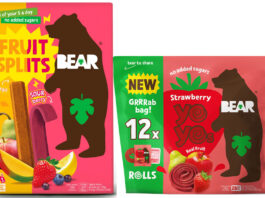 Bear shakes up kids’ snacking with Splits launch Pack shots of Bear Fruit Splits Mango & Sour Berry and Bear Strawberry YoYos Grab Bag.