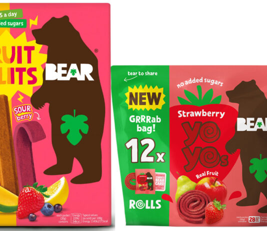 Bear shakes up kids’ snacking with Splits launch Pack shots of Bear Fruit Splits Mango & Sour Berry and Bear Strawberry YoYos Grab Bag.