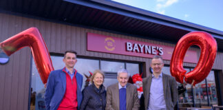 The Bayne's family stand outside the Perth Inverlamond Retail Park store with a 7 and 0 balloons to mark the family's 70 years of business.