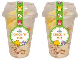 Pack shots Bonds of London Chick 'N' Mix sweet cups.