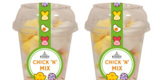 Pack shots Bonds of London Chick 'N' Mix sweet cups.