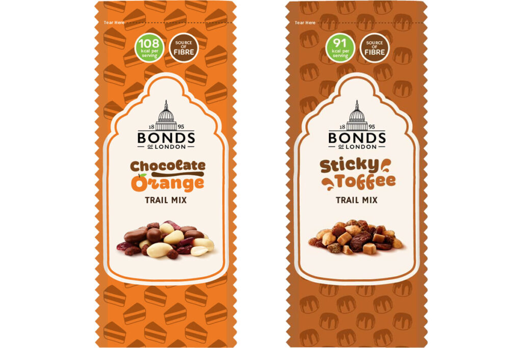 Pack shots of Bonds of London Trail Mix Chocolate Orange and Sticky Toffee variants.