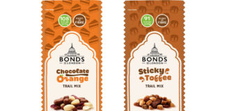 Pack shots of Bonds of London Trail Mix Chocolate Orange and Sticky Toffee variants.
