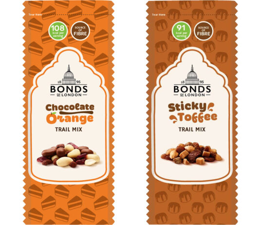 Bonds of London rolls out new Trail Mix packs Pack shots of Bonds of London Trail Mix Chocolate Orange and Sticky Toffee variants.
